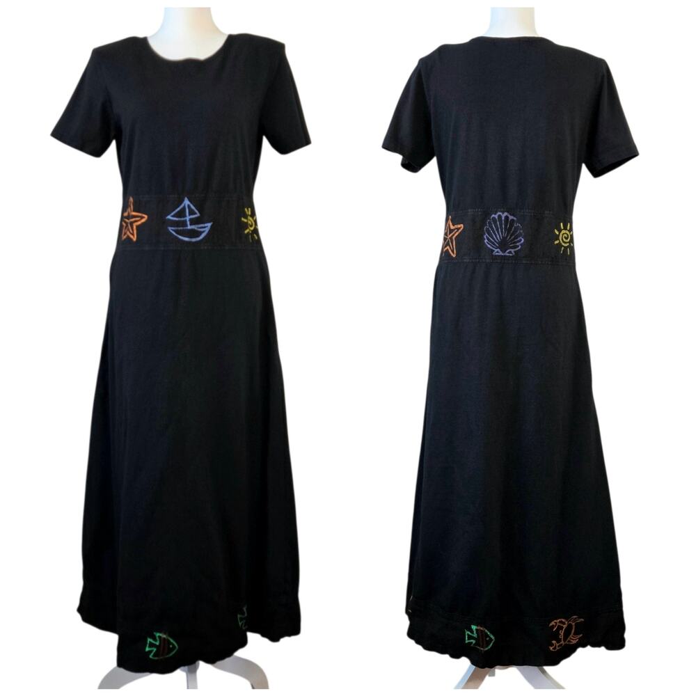 Vintage Dark Coastal Nautical Motif Maxi Dress Black S Vacation Summer Artsy